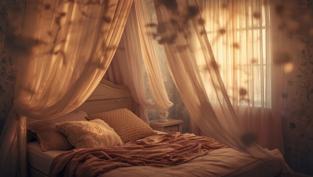 Sheer, delicate curtains in the room. Canopy over the bed with soft lighting and evening haze. Bedroom. Idea of home comfort. Setting for a photoshoot.