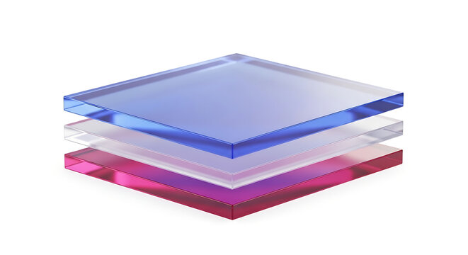 Stacked translucent geometric acrylic squares with vibrant gradient colors, conceptual background