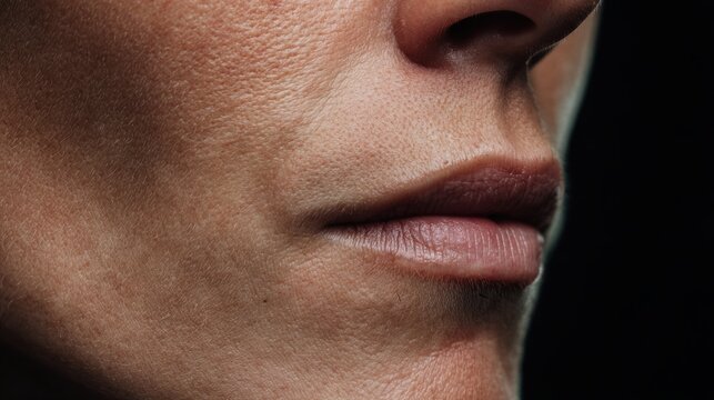 A woman's chin with smooth skin and subtle sideburns, showcasing natural facial features and soft lighting