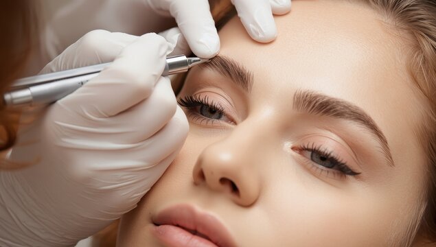 A skilled beautician applies permanent makeup to the eyebrows of a young woman, using a machine pen for microblading in a close-up view.