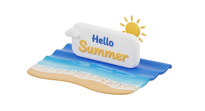 Stylized 3D illustration of a beach scene with a "Hello Summer" sign, wavy blue water, sandy shore, and a bright sun, perfect for summer vacation marketing and seasonal greetings