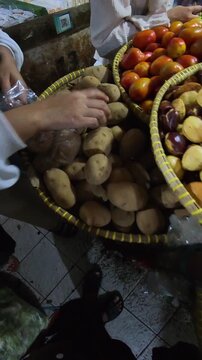 4K Vertical video of a woman's hands sorting the best raw potatoes at a traditional market grocery store and placing them in transparent plastic bags. First-person POV Footage