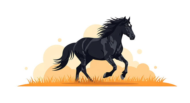 Pixel art black horse galloping through tall grass, stylized vector illustration with a dynamic, energetic feel