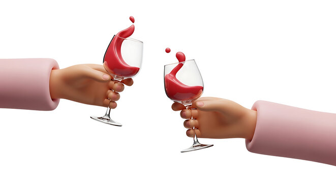 Two cartoon hands holding wine glasses with red liquid splashing, celebrating and toasting, isolated on white