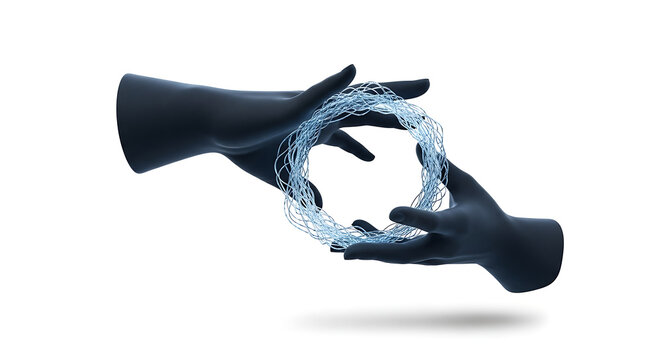 Two dark blue hands forming a circle with a swirling vortex of glowing blue particles, abstract concept for creation, energy, or technology