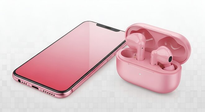 Pink Wireless Earbuds and Smartphone on White Background