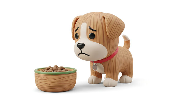 Sad cartoon puppy looking at an empty food bowl, illustration of pet hunger or neglect, cute animal with worried expression, isolated on white background