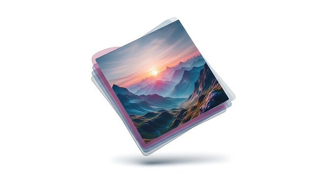 Stack of pixelated digital screens displaying a vibrant mountain landscape at sunset with a glowing sun and city lights below, digital art