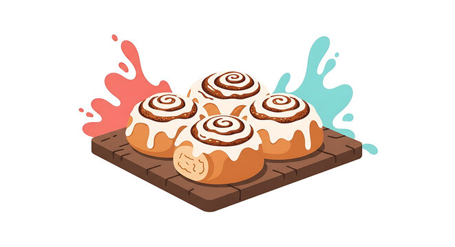 Pixel art cinnamon rolls with icing, served on a wooden board with colorful splashes in the background, bakery food illustration
