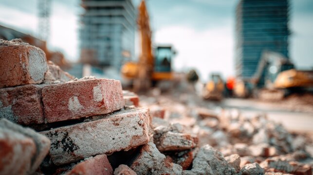 Bricks and debris from a building demolition site with construction equipment in the background