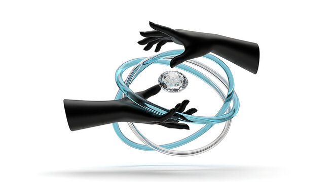 Two glossy black hands reaching towards a glittering diamond enclosed by swirling blue and white rings, symbolizing opportunity and value exchange