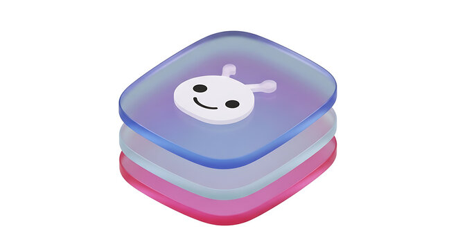 Stack of translucent square icons with rounded corners, top one features a cute cartoon alien face, gradient colors of pink, blue, and purple, playful digital art