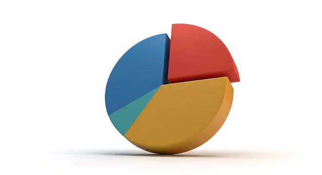 Three dimensional segmented pie chart with four distinct colored sections, representing data visualization and business analytics, isolated on a clean white background