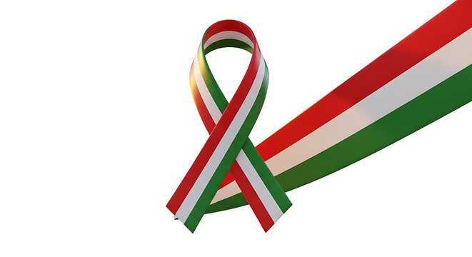 Ribbon awareness symbol in red white and green stripes, isolated on a clean white background with soft lighting, representing national pride or a cause, with a trailing stripe element