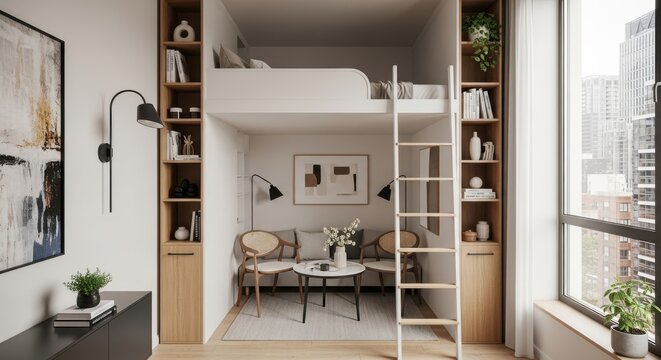 Compact Urban Loft Living Space with Clever Storage and Integrated Furniture, Showcasing Efficient Small-Scale Residential Design
