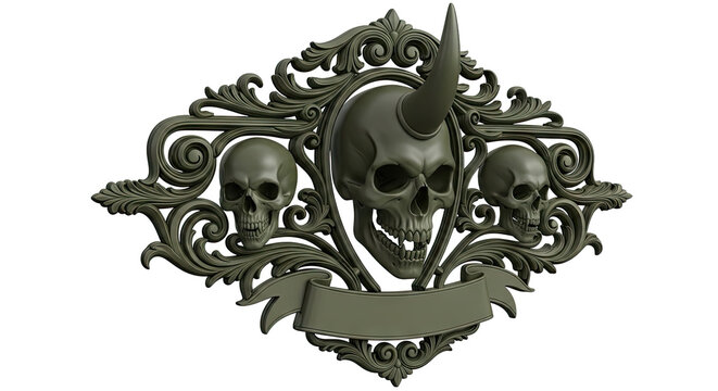 Ornate Skull Emblem with Horn and Banner