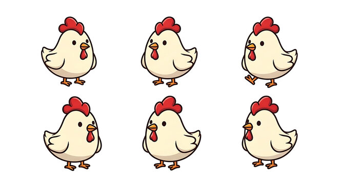 Set of cute pixel art chickens in various poses, simple cartoon farm birds for game assets or children illustrations