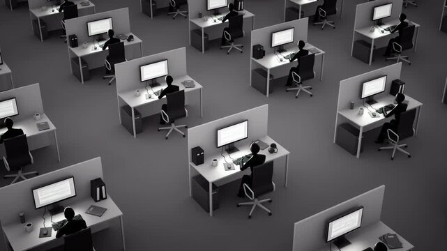 Gray office cubicles with repetitive silhouettes working at computer desks under structured layout emphasizing monotony