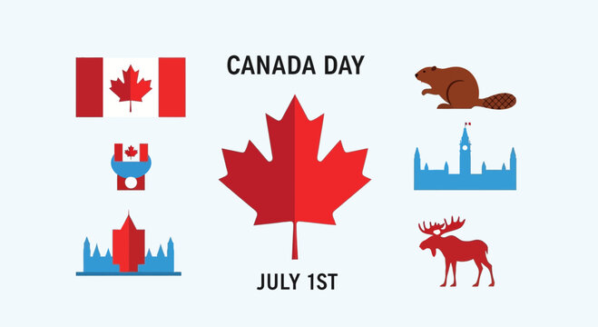 Canada Day Celebration Icons: Flag, Maple Leaf, Beaver, Moose, Parliament