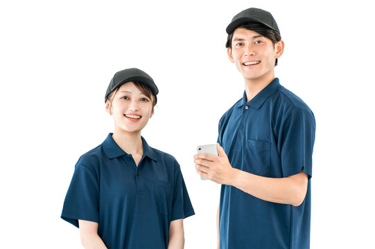 Male and female cleaning staff (cleaning staff, building cleaning) wearing polo shirt uniforms.
