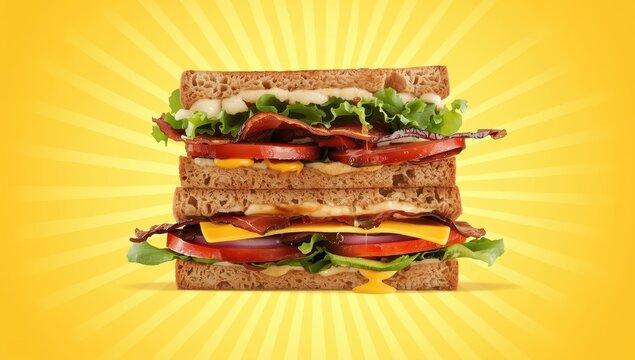 Creative double BLT with cheddar on a vibrant yellow backdrop. Nutritious sandwich featuring wholegrain bread, bacon, lettuce, tomato, cheese, and sauce.