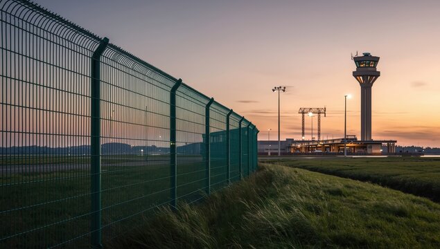 Security fence at the airport featuring runway lights behind a green mesh and yellow tower.