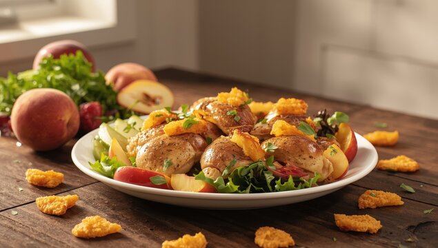 Healthy, low-cal salad featuring chicken hearts, fresh peaches, pears, and crispy cheese.
