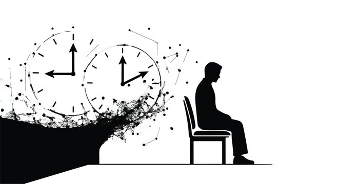 man sitting with clocks exploding from head stress time