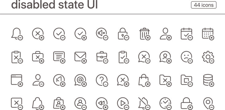 Disabled State UI Icon Set Outline Style with Inactive Controls Error Indicators Restrictions and Interface Feedback Elements for Apps