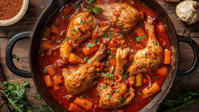 Close-up of homemade chicken stew with peppers, onions, and carrots in spicy tomato sauce in a pan on the table. Horizontal overhead view.