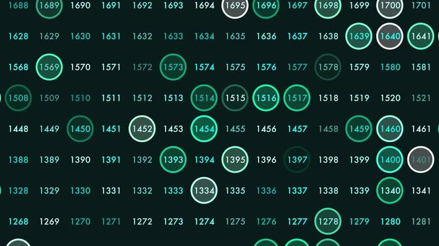Futuristic data visualization interface showing a grid of numbered nodes with glowing circles and highlights, ideal for technology, analytics, network, and UI concepts