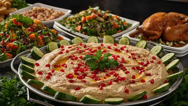 A big platter of smooth baba ghanoush topped with pomegranate seeds, sumac, and cucumber slices, amidst tabbouleh and salads in a buffet.