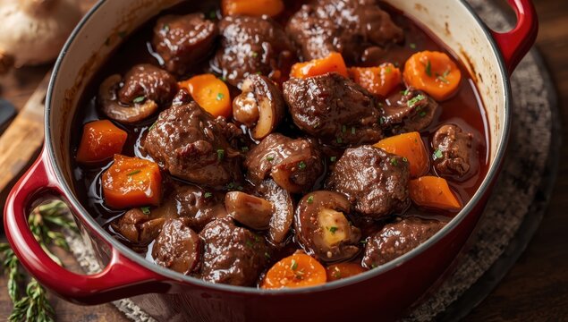 Contemporary French boeuf bourguignon featuring mushrooms and carrots in red wine sauce, presented in a design casserole.