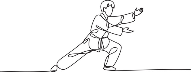 Fototapeta premium Single line drawing of young wushu fighter, kung fu master in uniform training tai chi stances in dojo center. one line art icon drawing vector
