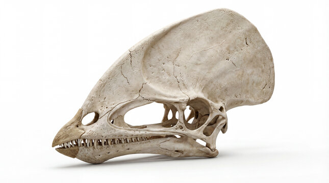 Close-up of Tupandactylus imperator skull isolated on white background, detailed scientific reconstruction highlighting crest structure and pterosaur bone anatomy.
