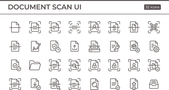 Document Scan UI Icon Set Outline Style with File Capture OCR Processing Verification Security and Workflow Tools for Apps