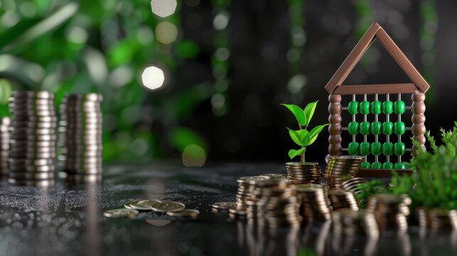 Green Growth Concept with Abacus Model and Coins on Dark Background for Financial Sustainability and Investment Ideas