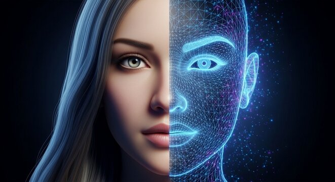 Split face portrait of a woman transitioning into a digital wireframe, representing artificial intelligence and technology