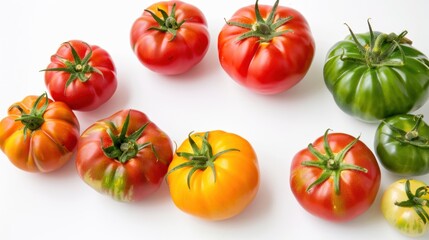 Fototapeta premium Fresh and Colorful Collection of Heirloom Tomatoes on White Background