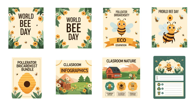 A collection of educational posters celebrating world bee day with cartoon bees and floral elements, presented in a colorful, illustrative style against various backgrounds to promote