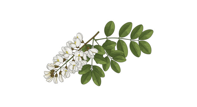 Flowering branch of black locust tree with white flowers and green leaves on white background