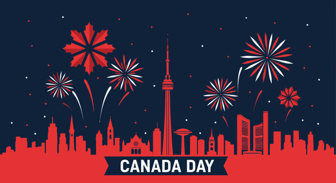 Canada Day Fireworks Over Toronto Skyline Silhouette