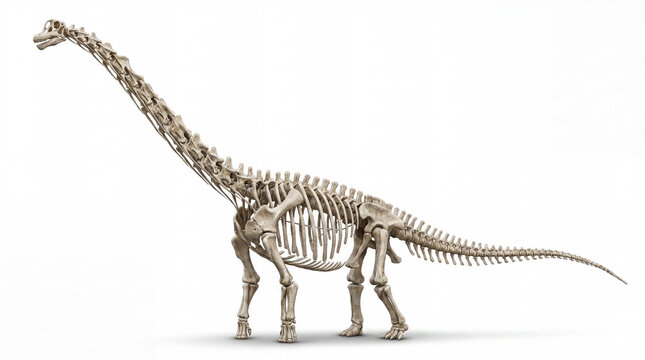 Argentinosaurus huinculensis Skeleton Isolated on White Background with Shadow, Giant Titanosaur Dinosaur Bones, Scientific Reconstruction, Realistic Paleoart