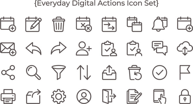 Everyday Digital Actions Icon Set Outline Style with Interface Controls File Management Navigation and User Interaction Tools for Apps