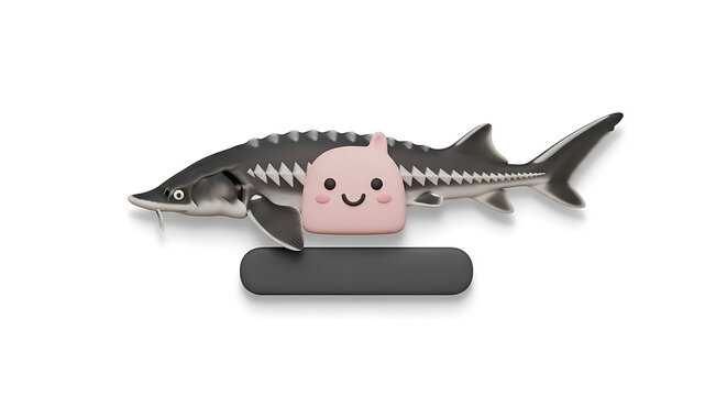 Stylized cartoon sturgeon fish with a cute pink blob character standing in front on a neutral background, aquatic life concept