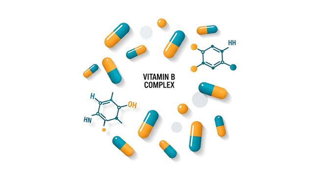 Vitamin B complex capsules and molecular structures on a clean white background, representing health and scientific innovation