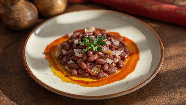 Ceramic dish of kidney beans cooked with olive oil, onion, and tomato paste in a rustic setting.