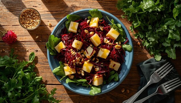 shredded beet and cubed cheese salad
