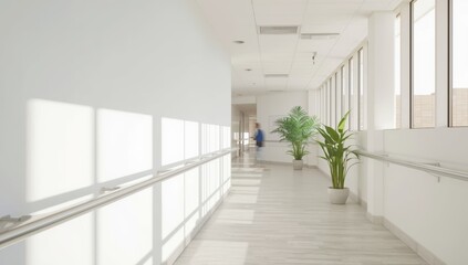 Fototapeta premium Hospital wall handrails assist patients during therapy walks in corridors. Railed walkway on white hospital walls.