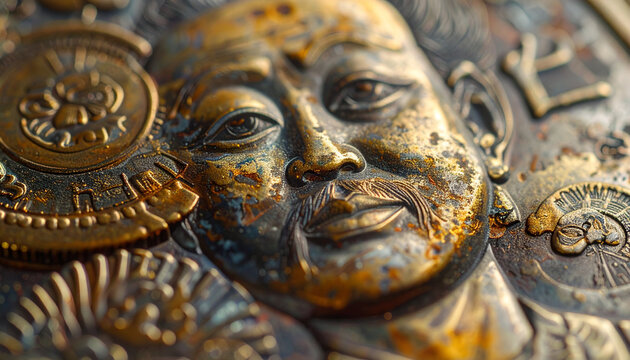 Close up of a detailed antique sculpture with weathered metallic texture